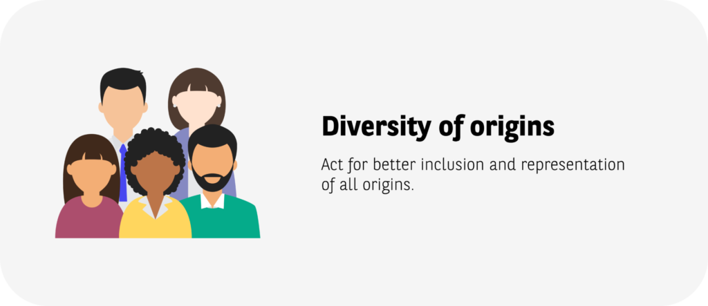 Diversity of origins: Act for better inclusion & representation of all origins.